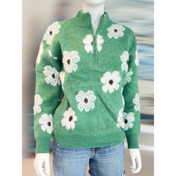 Gorgeous green half zip floral sweater S M L - Picture 2 of 8